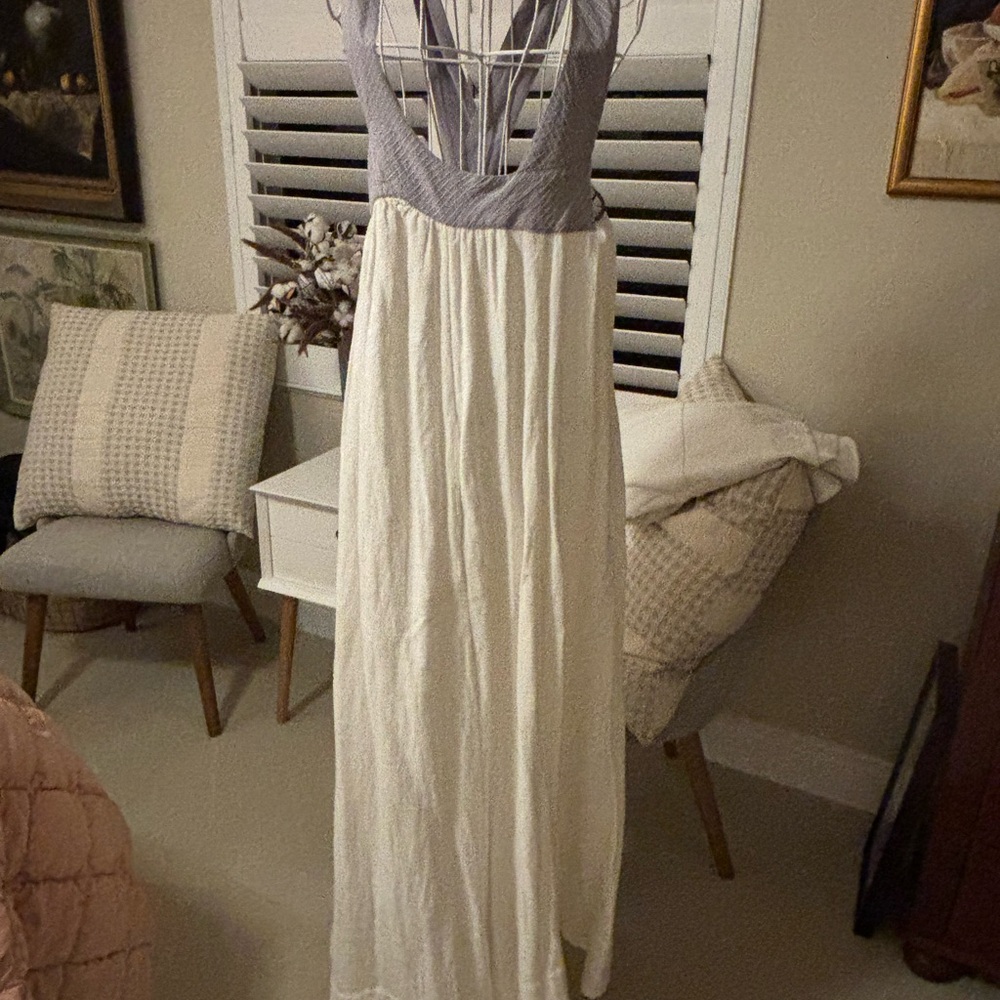 NWT Free People heavyweight 100% woven cotton maxi dress had grey smocked bodice